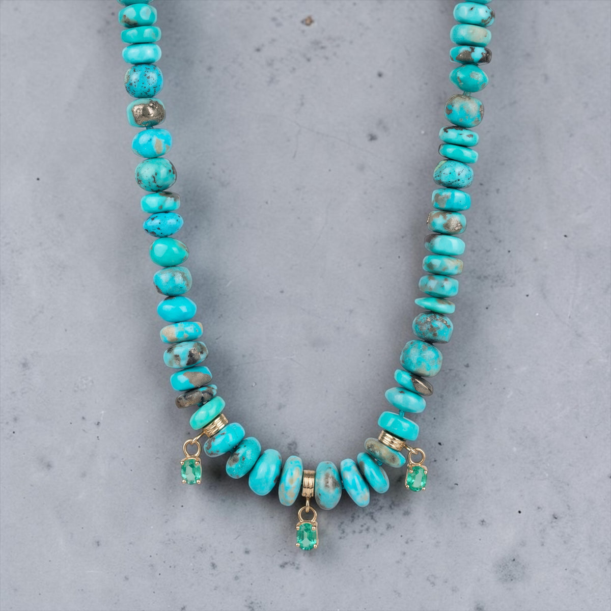 Arizona Turquoise and Zambian Emerald Necklace with 14k Gold