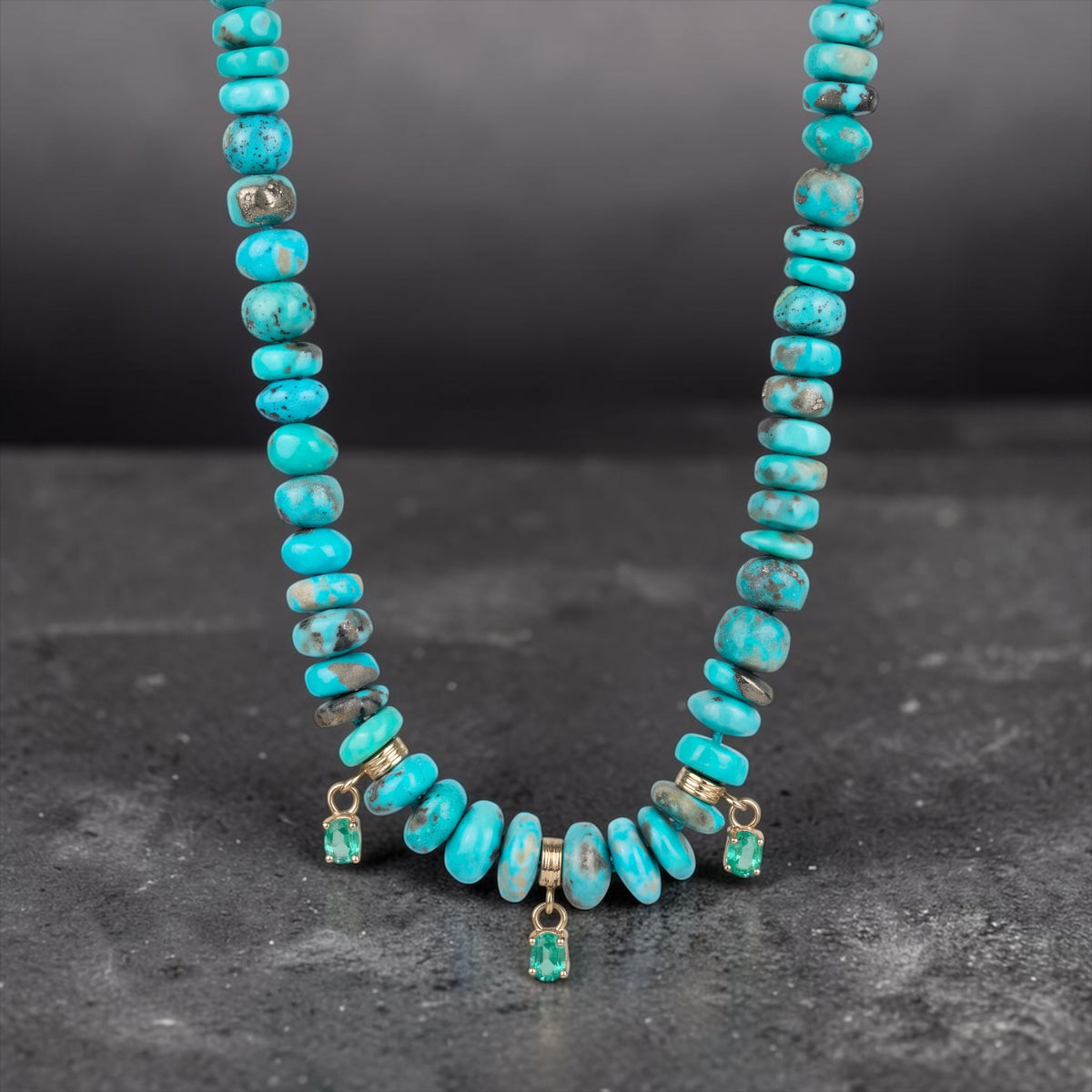 Arizona Turquoise and Zambian Emerald Necklace with 14k Gold