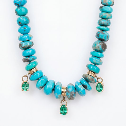 Arizona Turquoise and Zambian Emerald Necklace with 14k Gold