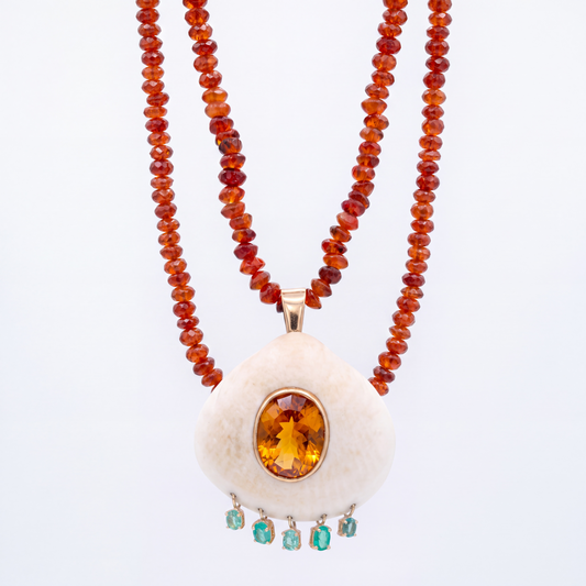 Madeira Citrine Necklace with Shell Pendant, Zambian Emeralds & 14k Gold