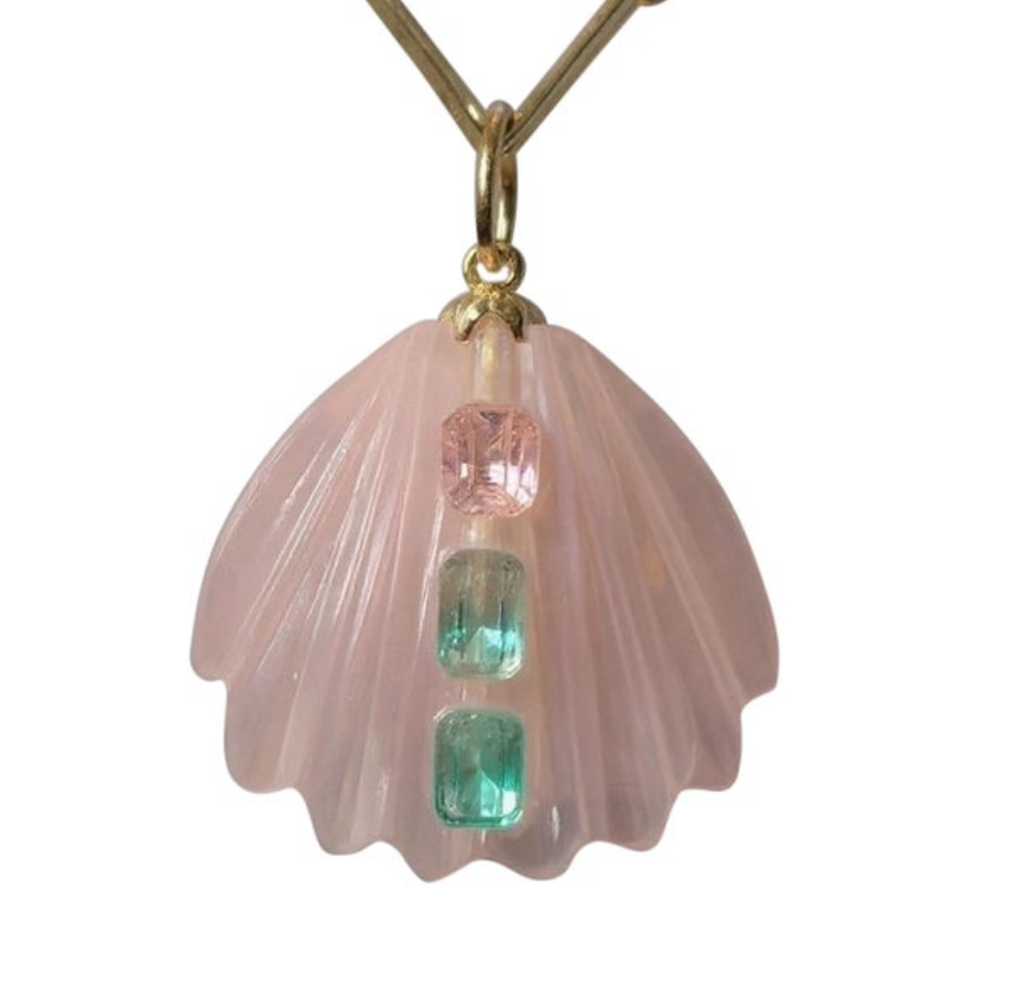 Carved Shell Pendant: Rose Quartz with Tourmaline & Emerald