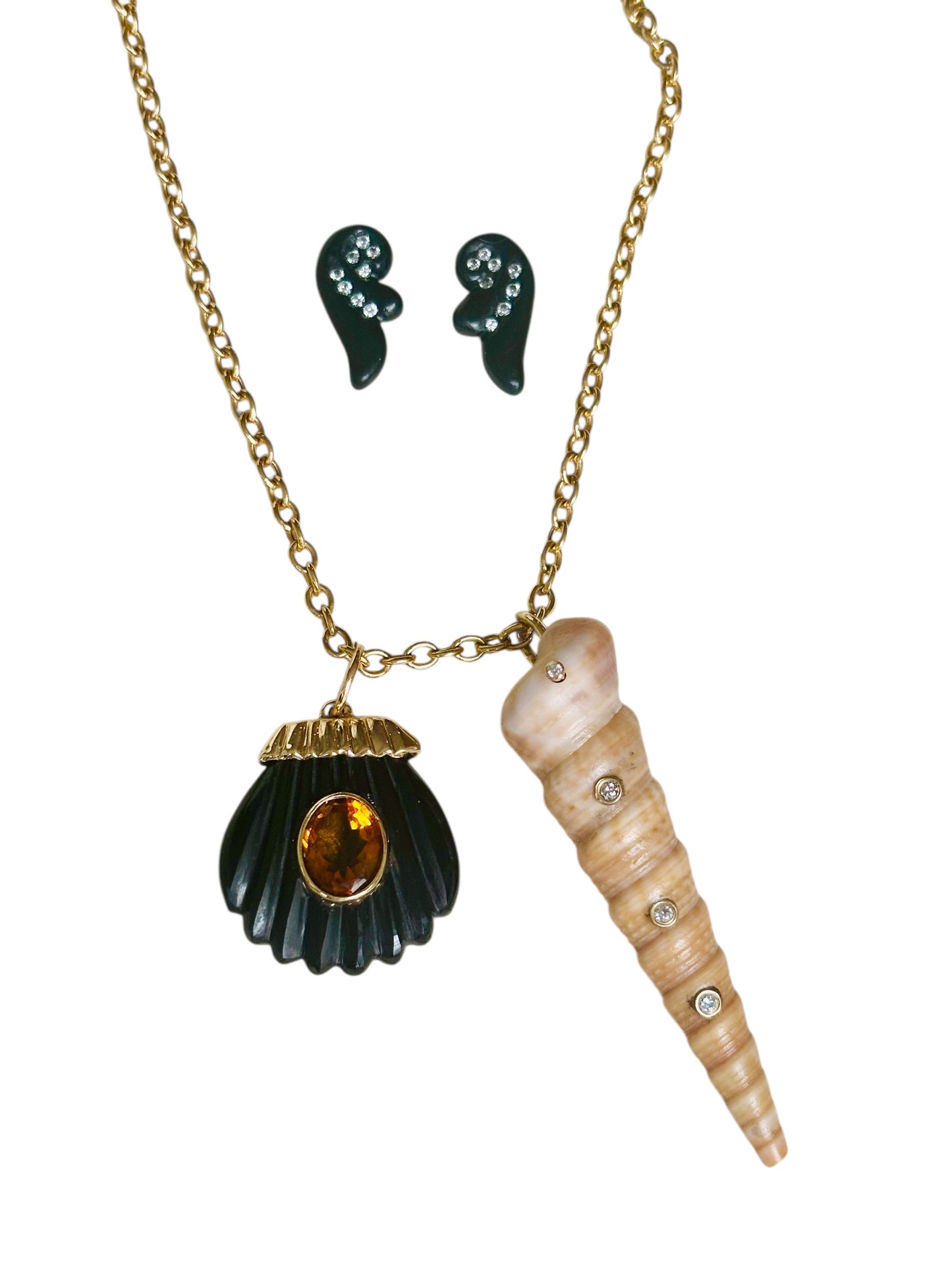 Sea Shell Pendant, Black Onyx with Citrine & 14k Gold