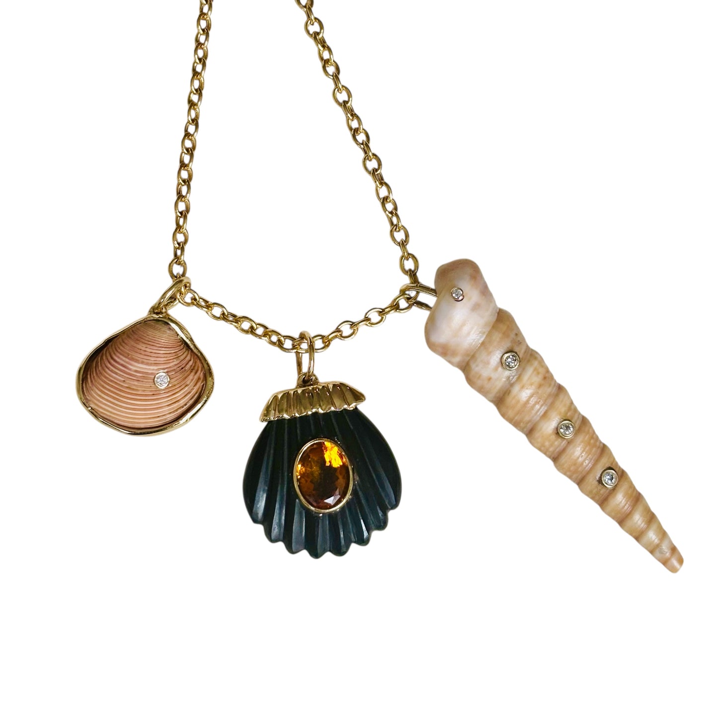 Sea Shell Pendant, Black Onyx with Citrine & 14k Gold