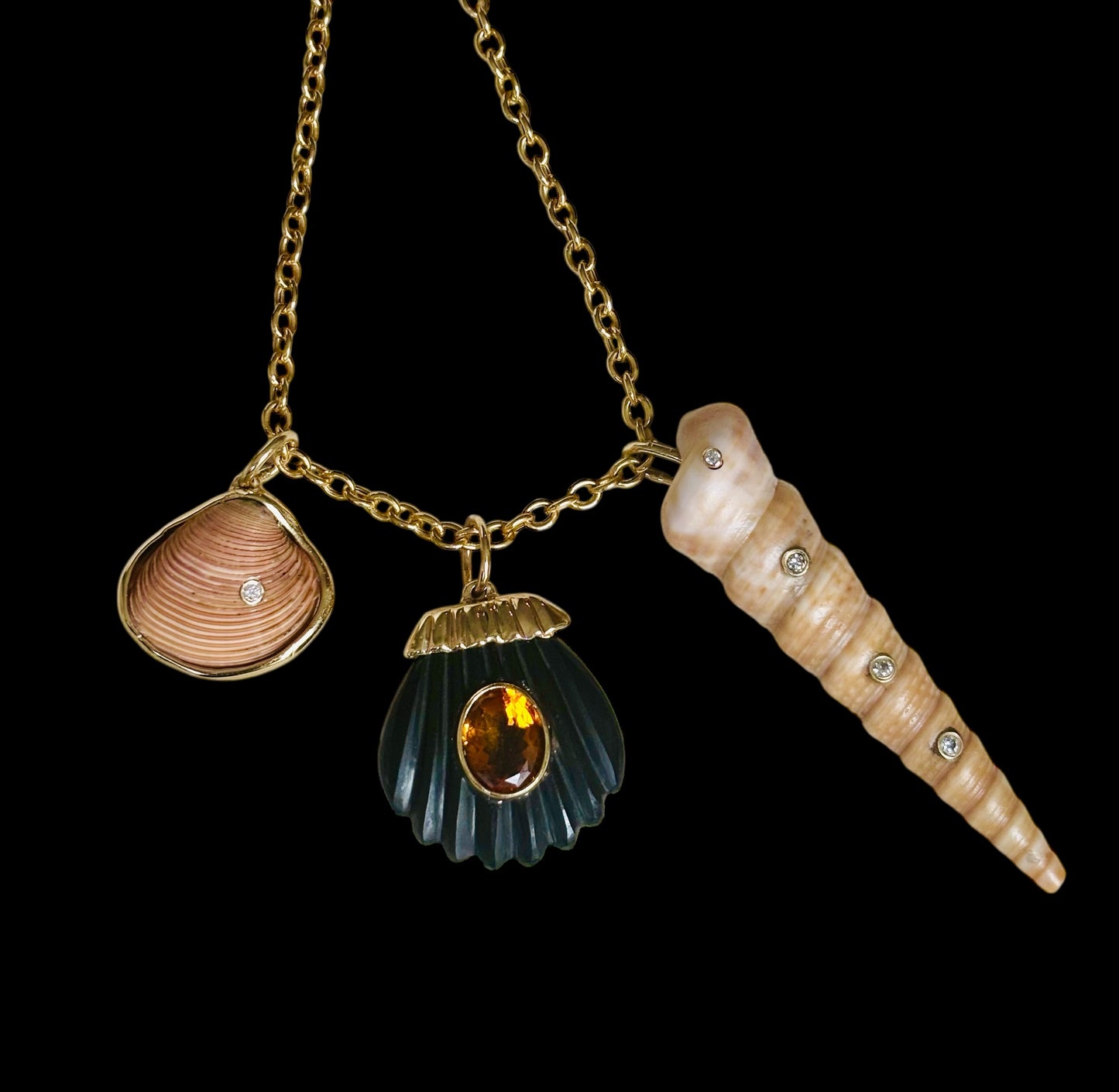 Sea Shell Pendant, Black Onyx with Citrine & 14k Gold
