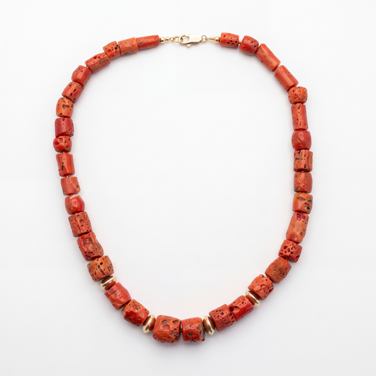 Coral and 14k Gold Bead Necklace, 16”