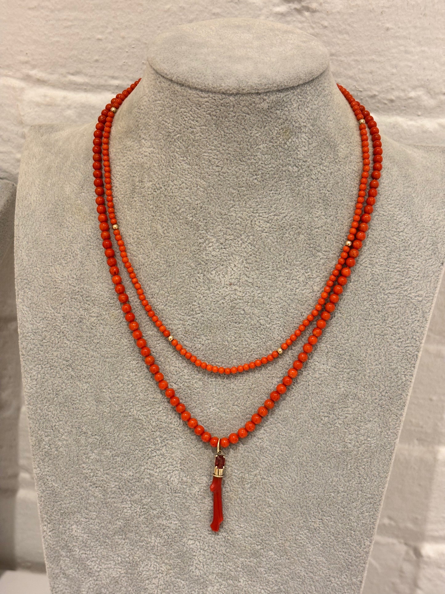 Coral Beaded Necklace with Coral, Spinel & 14k Gold Pendant, 20.5”