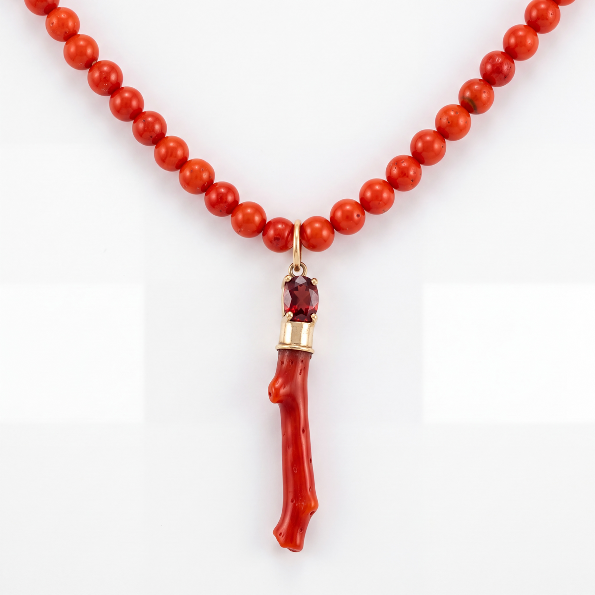 Coral Beaded Necklace with Coral, Spinel & 14k Gold Pendant, 20.5”