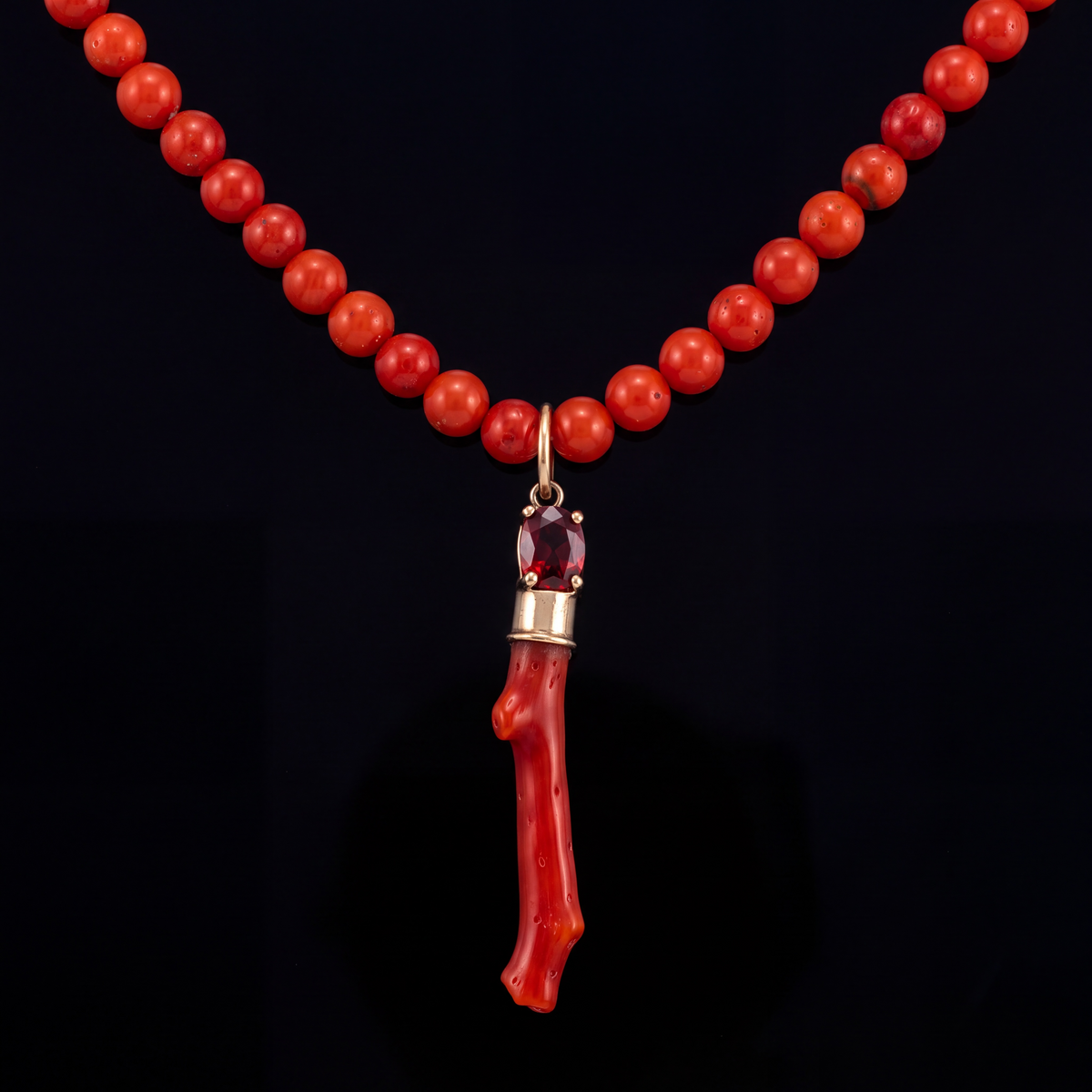 Coral Beaded Necklace with Coral, Spinel & 14k Gold Pendant, 20.5”