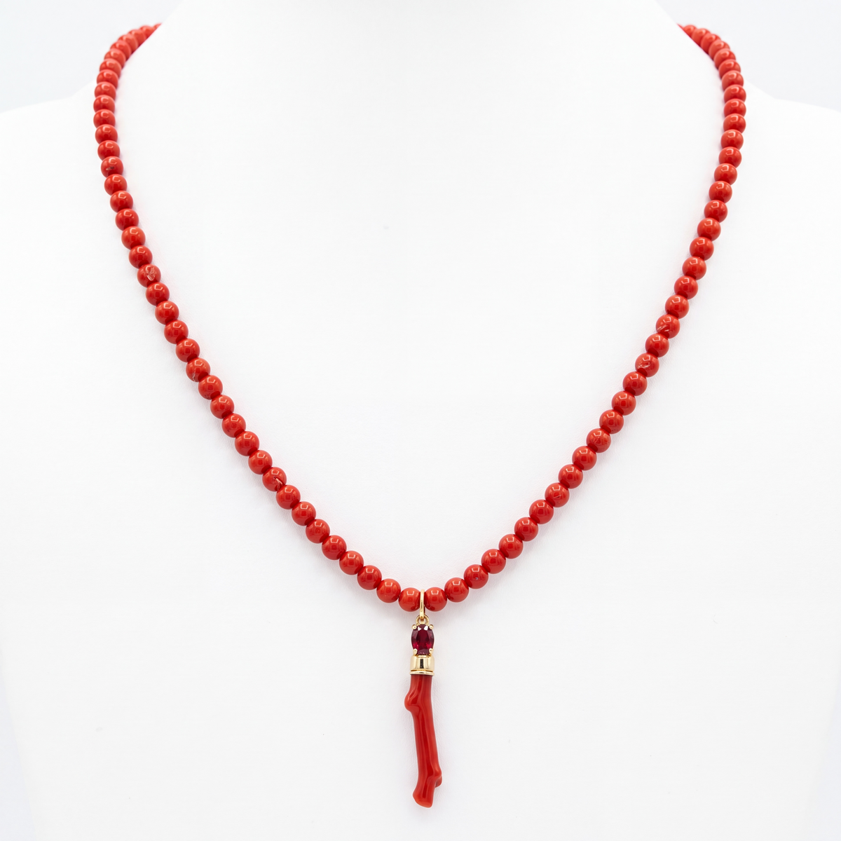 Coral Beaded Necklace with Coral, Spinel & 14k Gold Pendant, 20.5”
