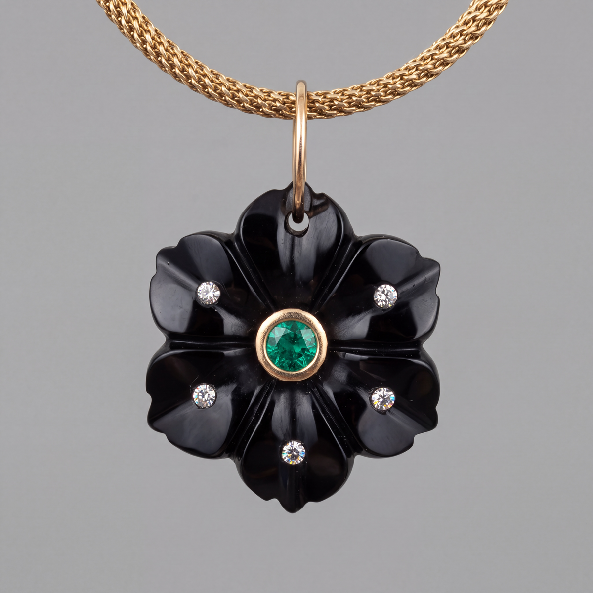 FLORA Pendant, Black Onyx with Emerald, Diamonds & 14k Gold
