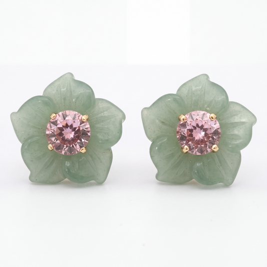 FLORA Stud Earrings, Green Aventurine with Pink Tourmaline & 14k Gold