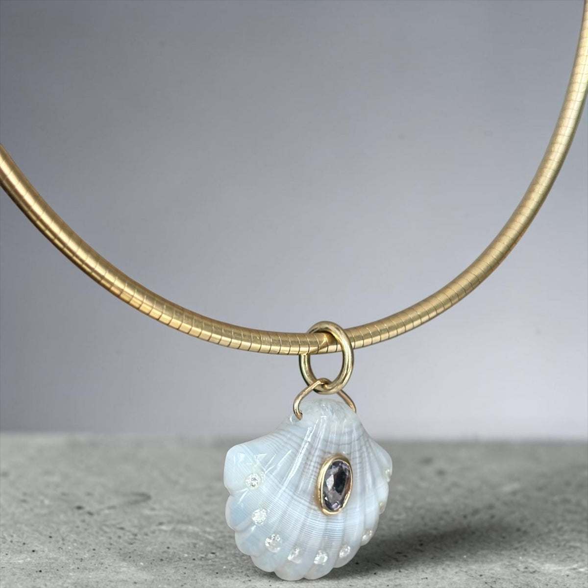 Laguna Agate Shell Pendant with Spinel, Diamonds & 14k Gold