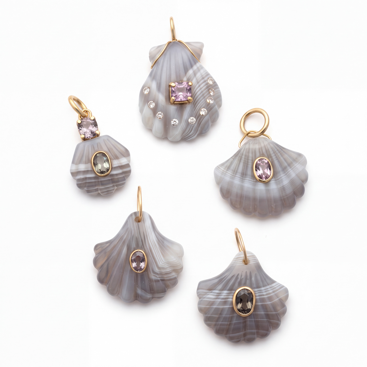 Laguna Agate Shell Pendant with Spinel, Diamonds & 14k Gold