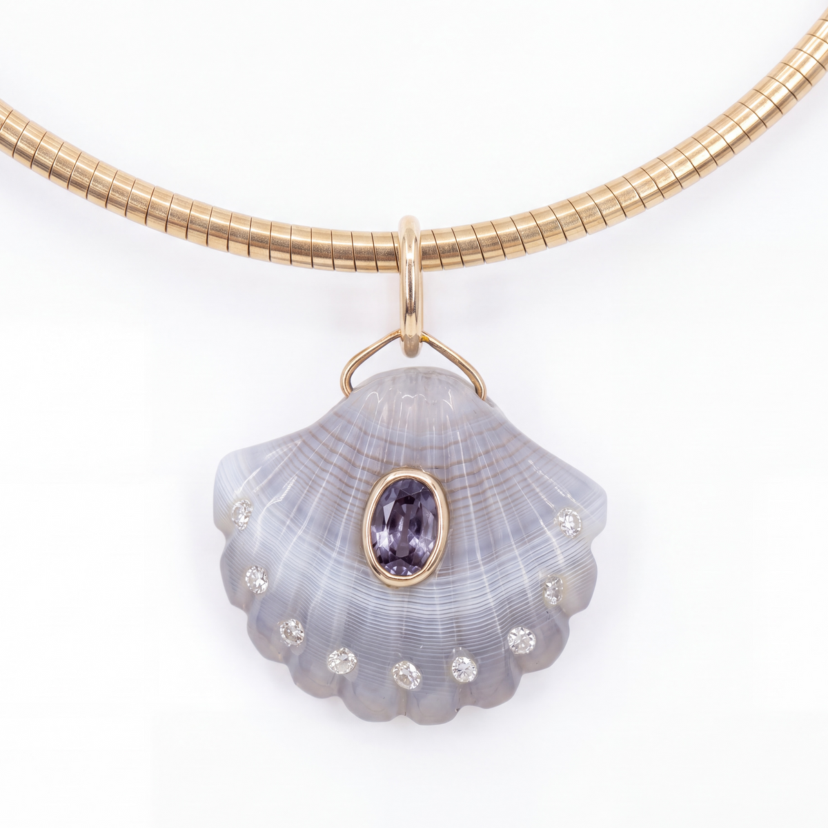 Laguna Agate Shell Pendant with Spinel, Diamonds & 14k Gold