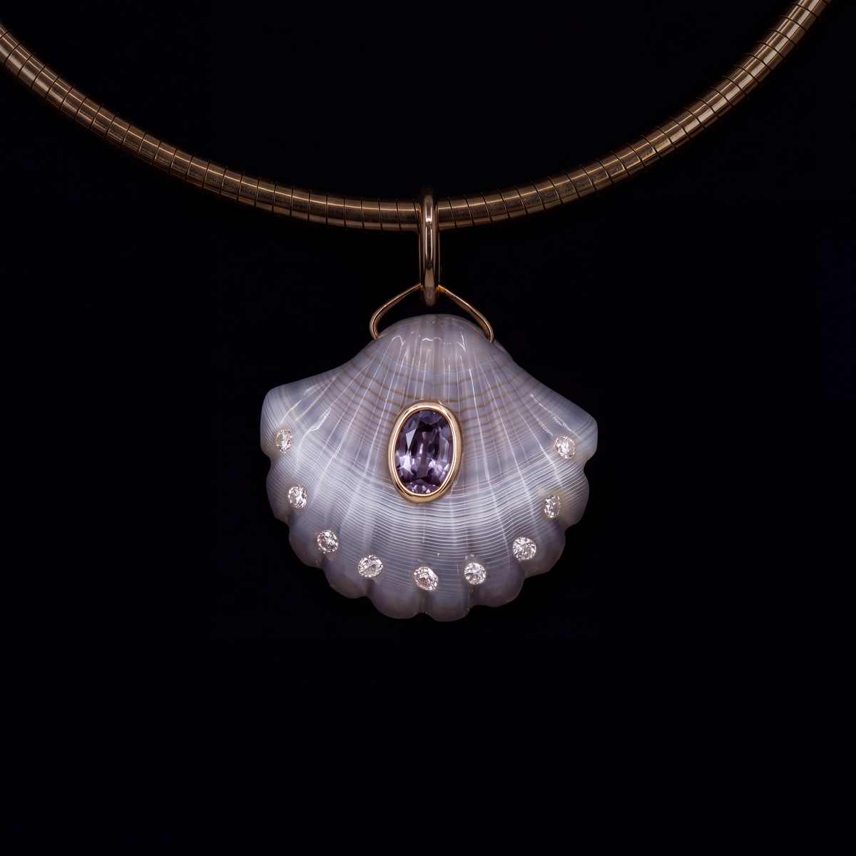 Laguna Agate Shell Pendant with Spinel, Diamonds & 14k Gold