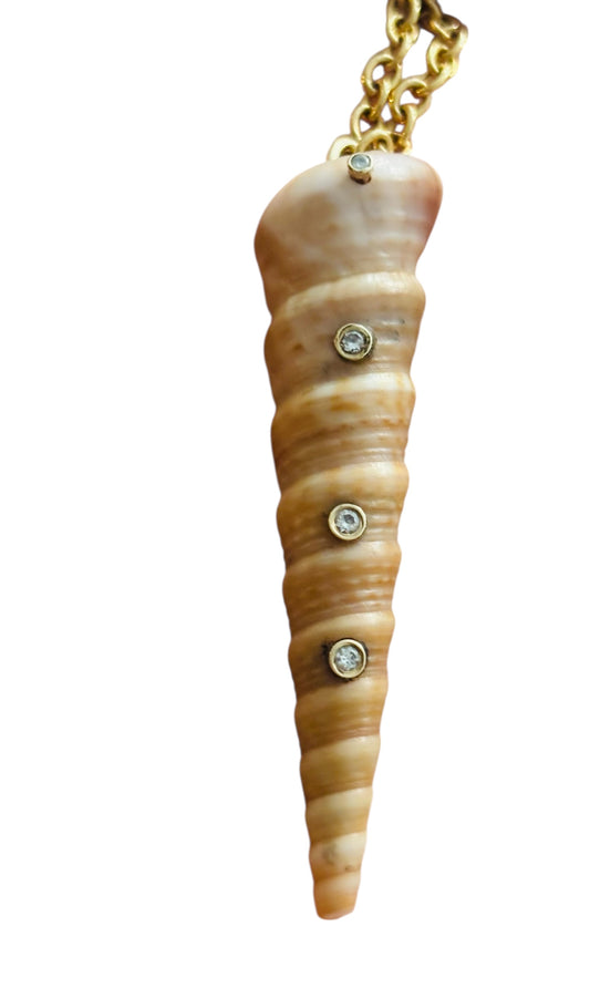 Natural Sea Shell Pendant, Spiral Shell with Diamonds
