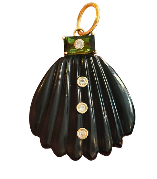 Sea Shell Pendant, Black Onyx, Diamonds & Green Tourmaline