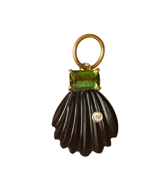 Sea Shell Pendant, Black Onyx with Diamond & Green Tourmaline, small