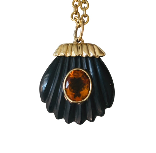 Sea Shell Pendant, Black Onyx with Citrine & 14k Gold