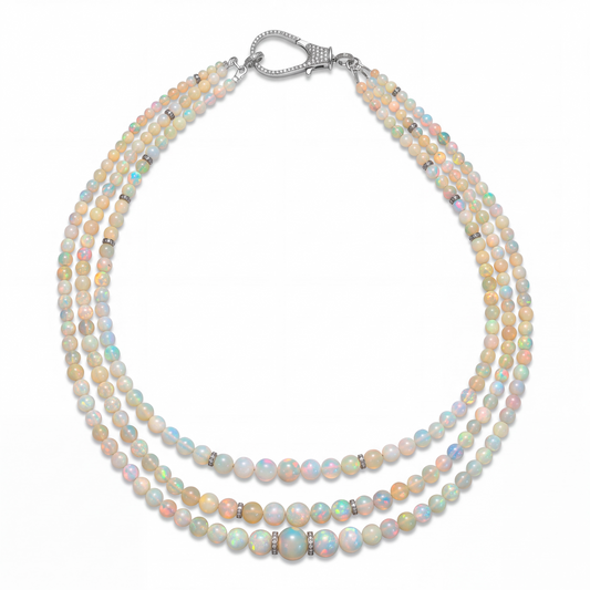 3 Strand Ethiopian Opal Beaded Necklace with Diamonds & Silver