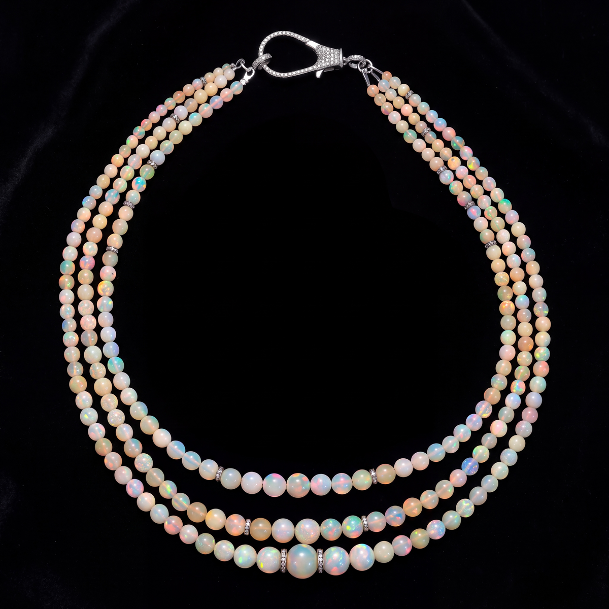 3 Strand Ethiopian Opal Beaded Necklace with Diamonds & Silver