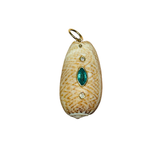 Natural Sea Shell Pendant, with Emerald & Diamonds