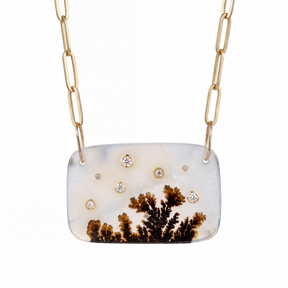 Dendritic Agate Necklace with Diamonds & 14k Gold