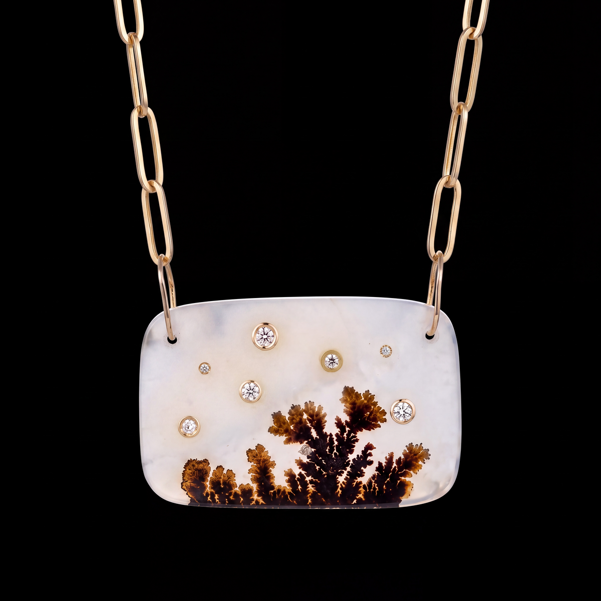 Dendritic Agate Necklace with Diamonds & 14k Gold
