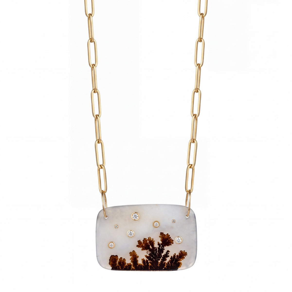Dendritic Agate Necklace with Diamonds & 14k Gold