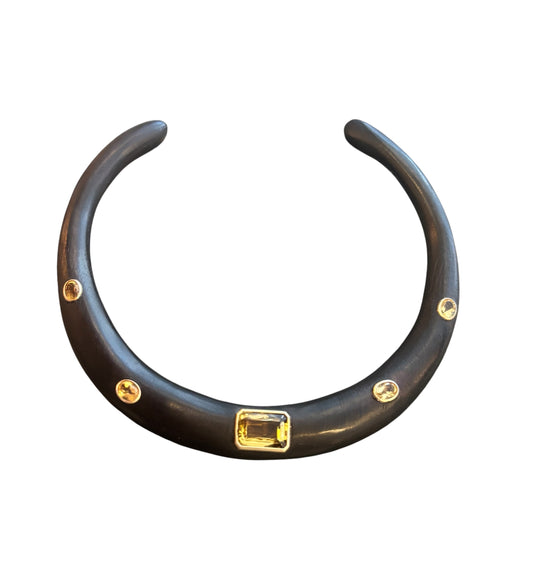 Wood Collar Necklace with Gold Bezeled Citrines, 14k