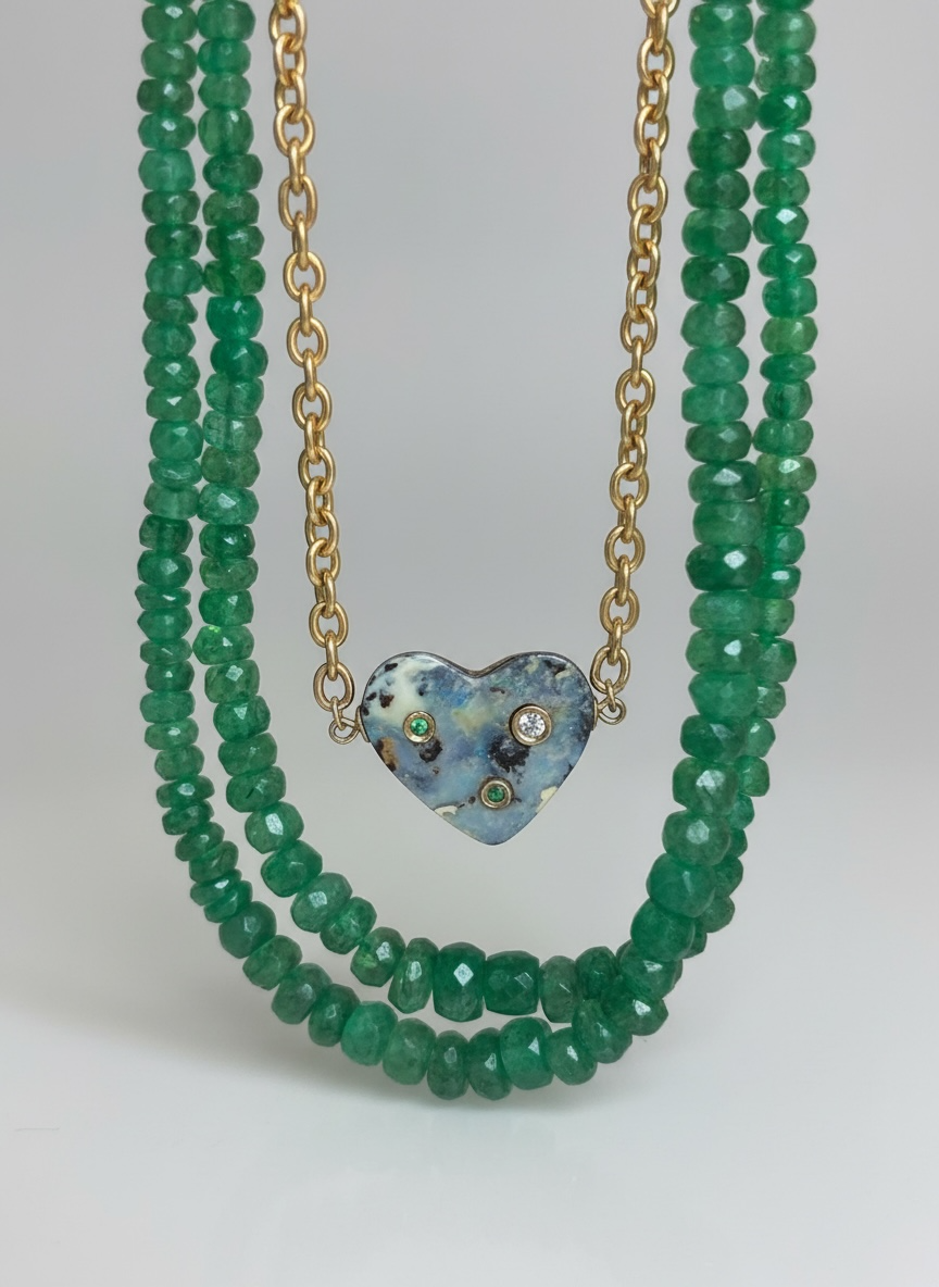 Australian Opal Heart Necklace with Diamond & Emeralds