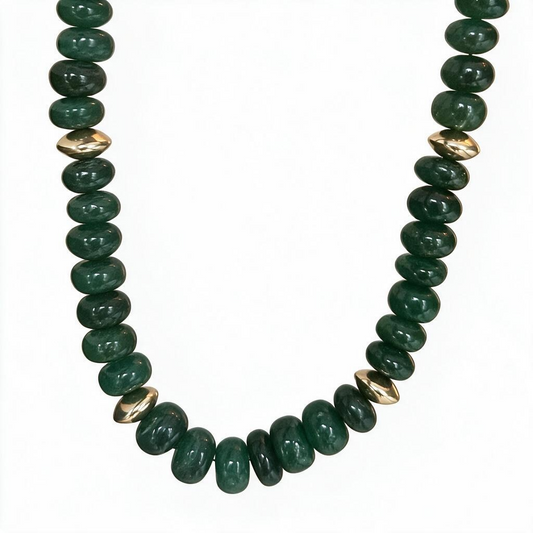 Nephrite Green Jade & 24k Gold Rondelle Beaded Necklace, 20”