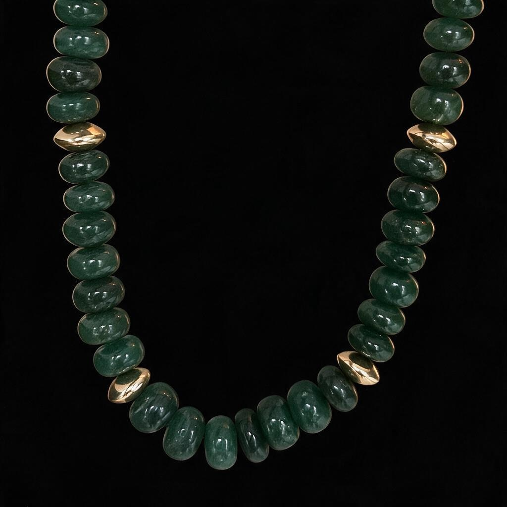 Nephrite Green Jade & 24k Gold Rondelle Beaded Necklace, 20”