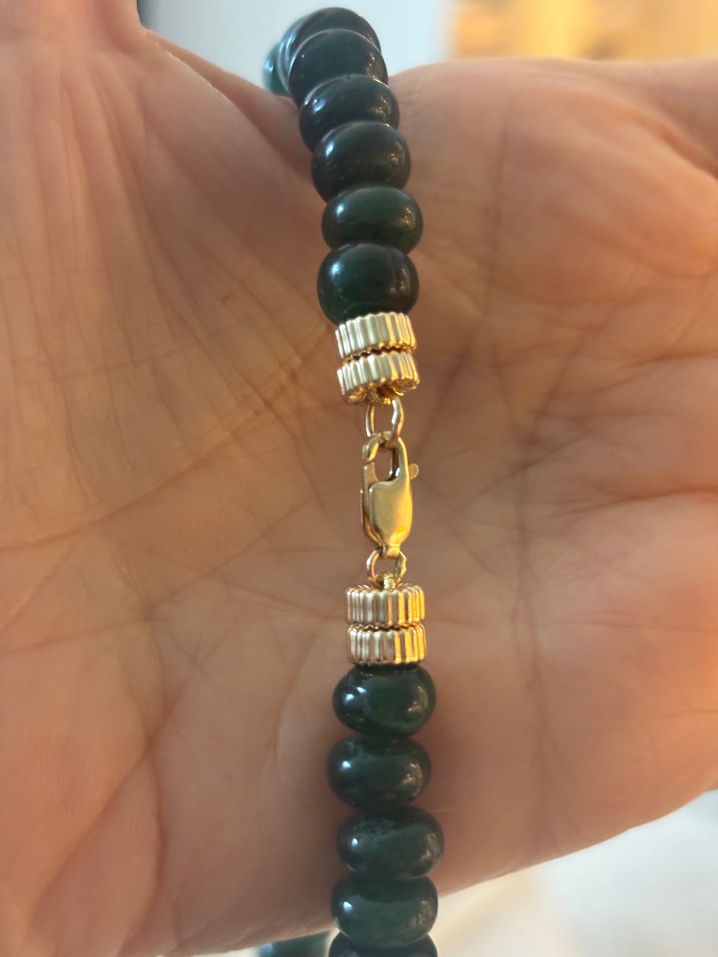 Nephrite Green Jade & 24k Gold Rondelle Beaded Necklace, 20”
