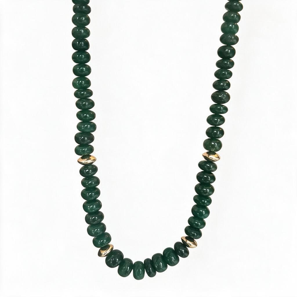 Nephrite Green Jade & 24k Gold Rondelle Beaded Necklace, 20”