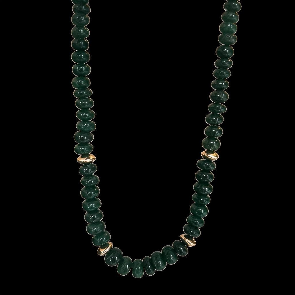 Nephrite Green Jade & 24k Gold Rondelle Beaded Necklace, 20”