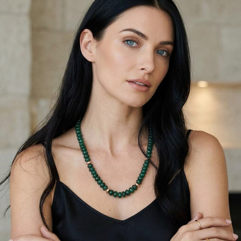 Nephrite Green Jade & 24k Gold Rondelle Beaded Necklace, 20”
