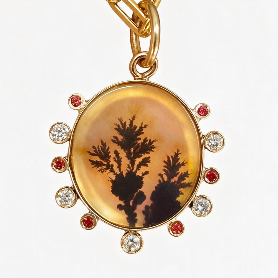 Dendritic Agate Pendant with Diamonds & Sapphires