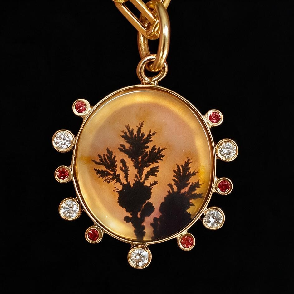Dendritic Agate Pendant with Diamonds & Sapphires