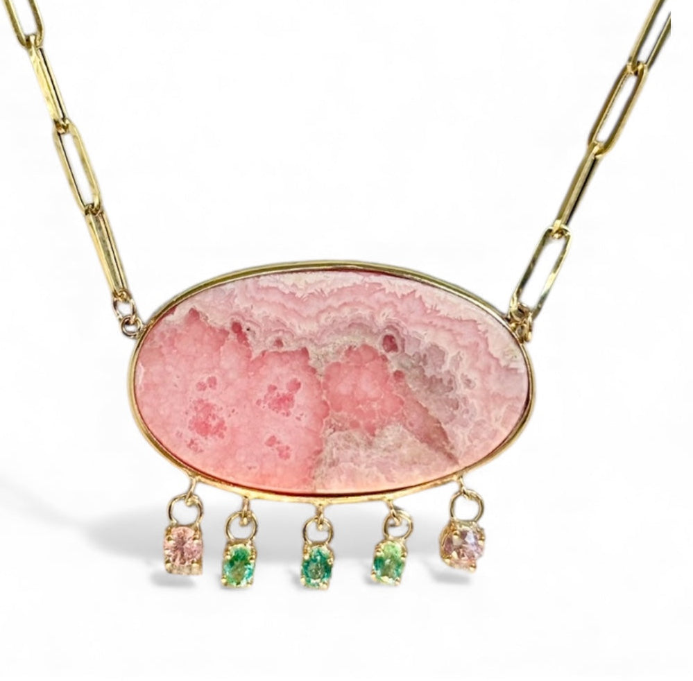 Rhodochrosite Necklace on Paperclip with Emeralds and Pink Spinels
