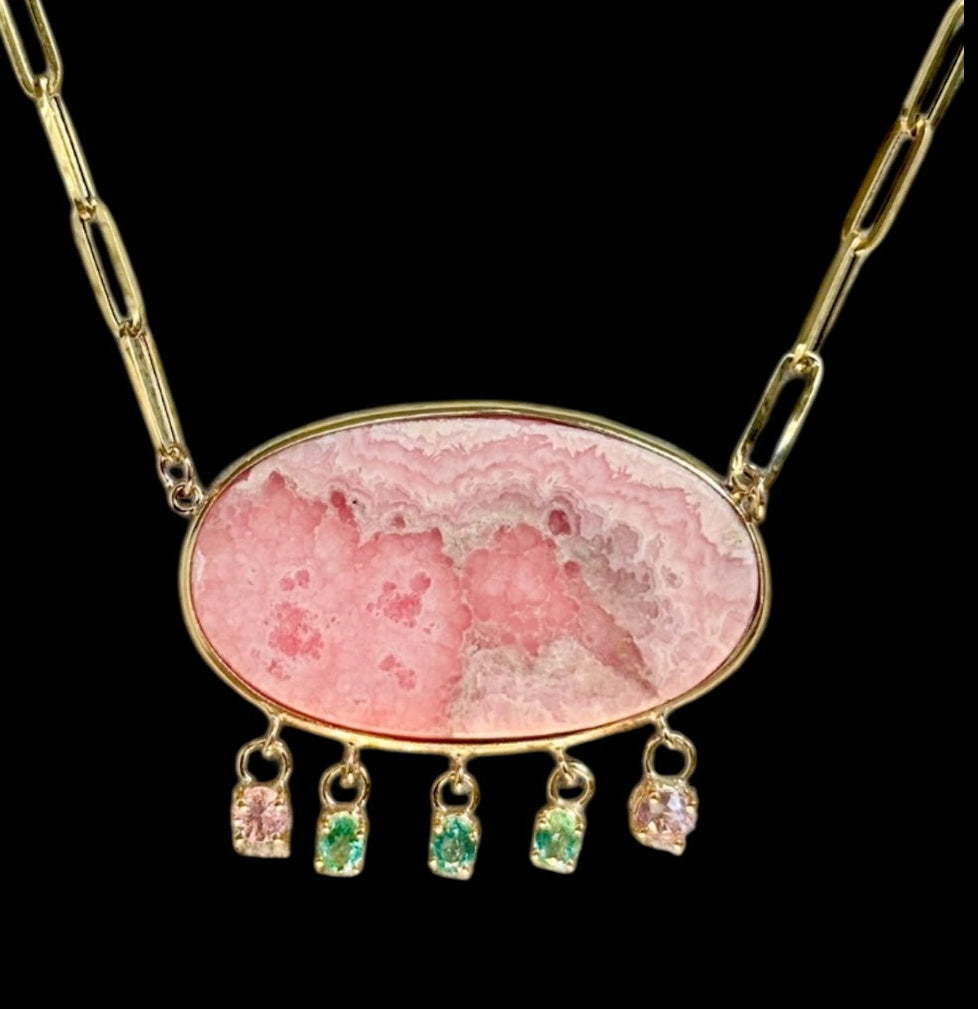 Rhodochrosite Necklace on Paperclip with Emeralds and Pink Spinels