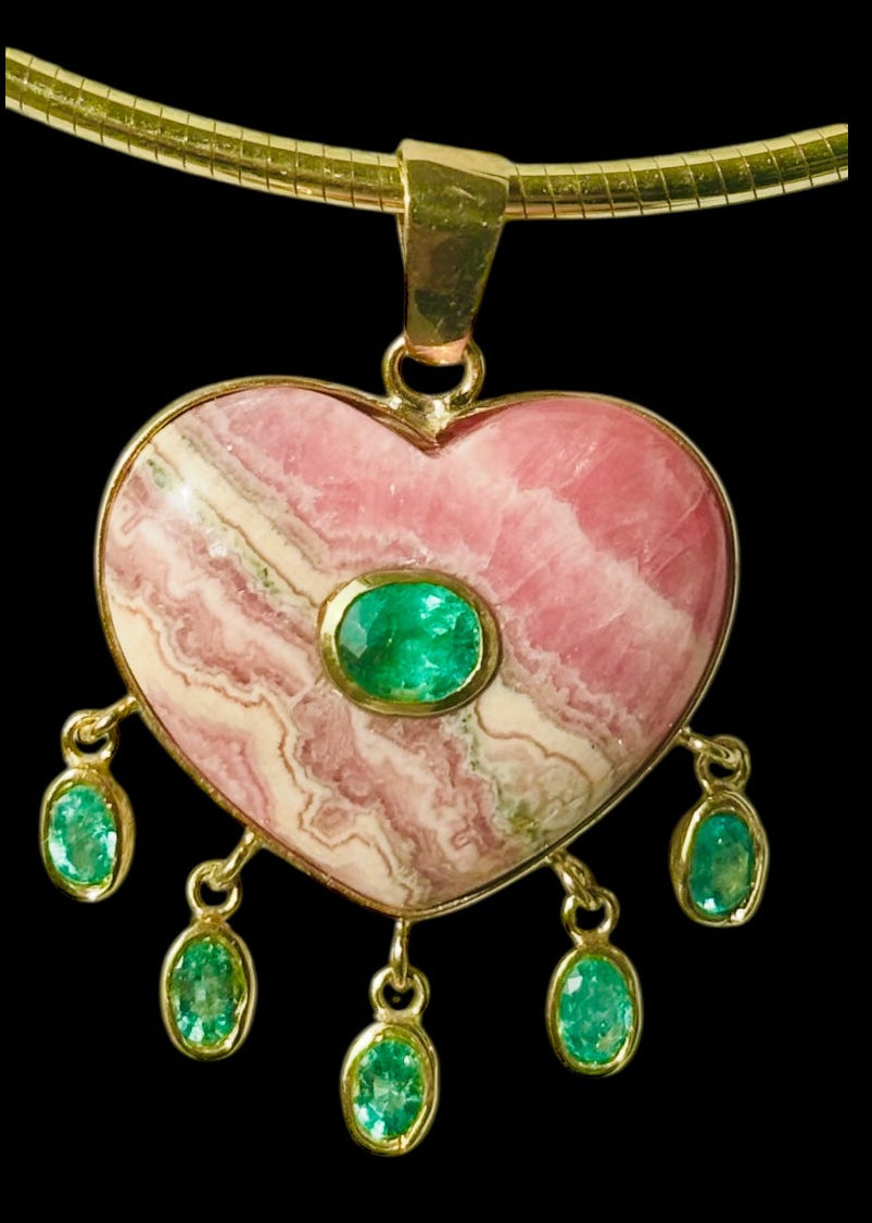 Rhodochrosite Large Heart Pendant with Center & Dangling Emeralds