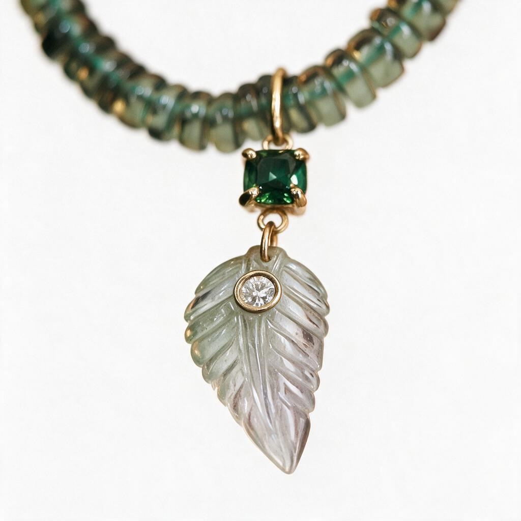 Green Tourmaline Leaf Pendant with Diamond & 14k Gold