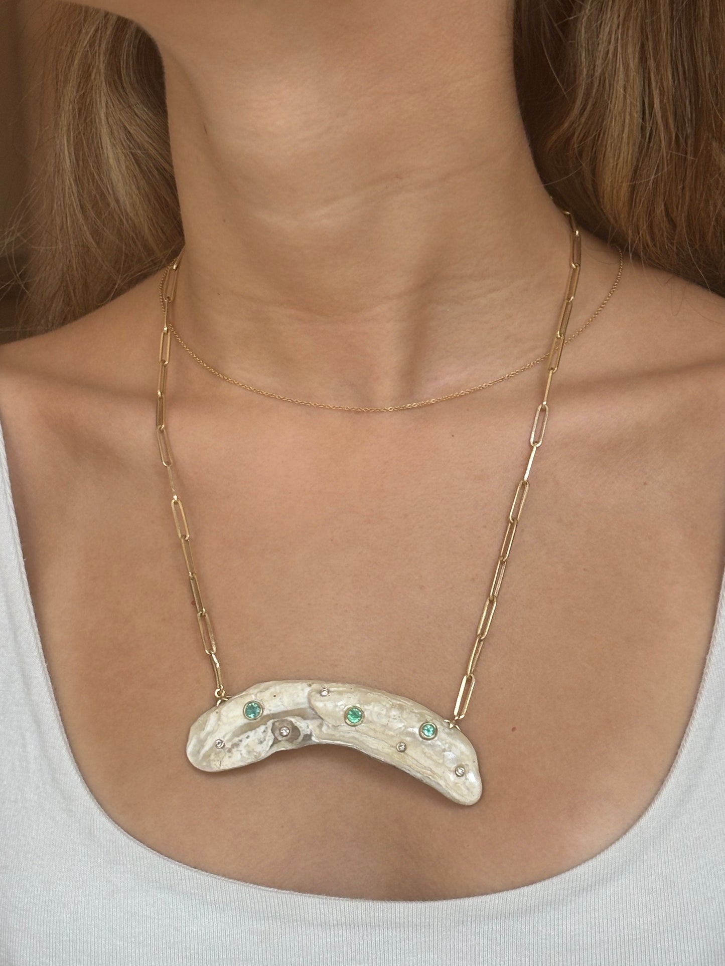 Natural Shell Necklace with Emeralds and Diamonds