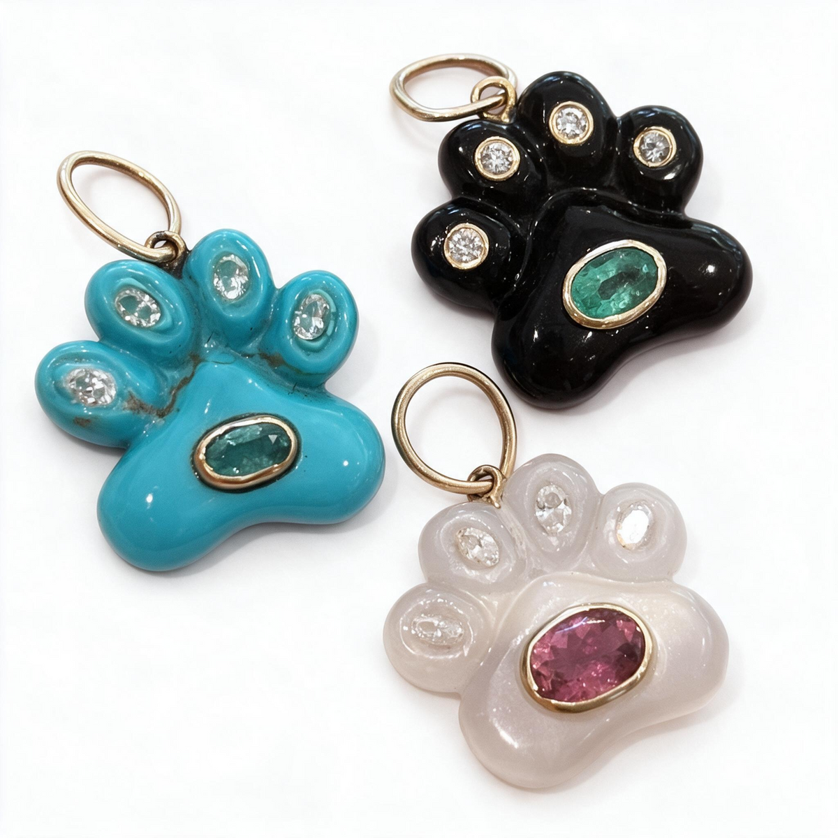 Dog Paw Pendant, Turquoise with Diamonds & Emerald