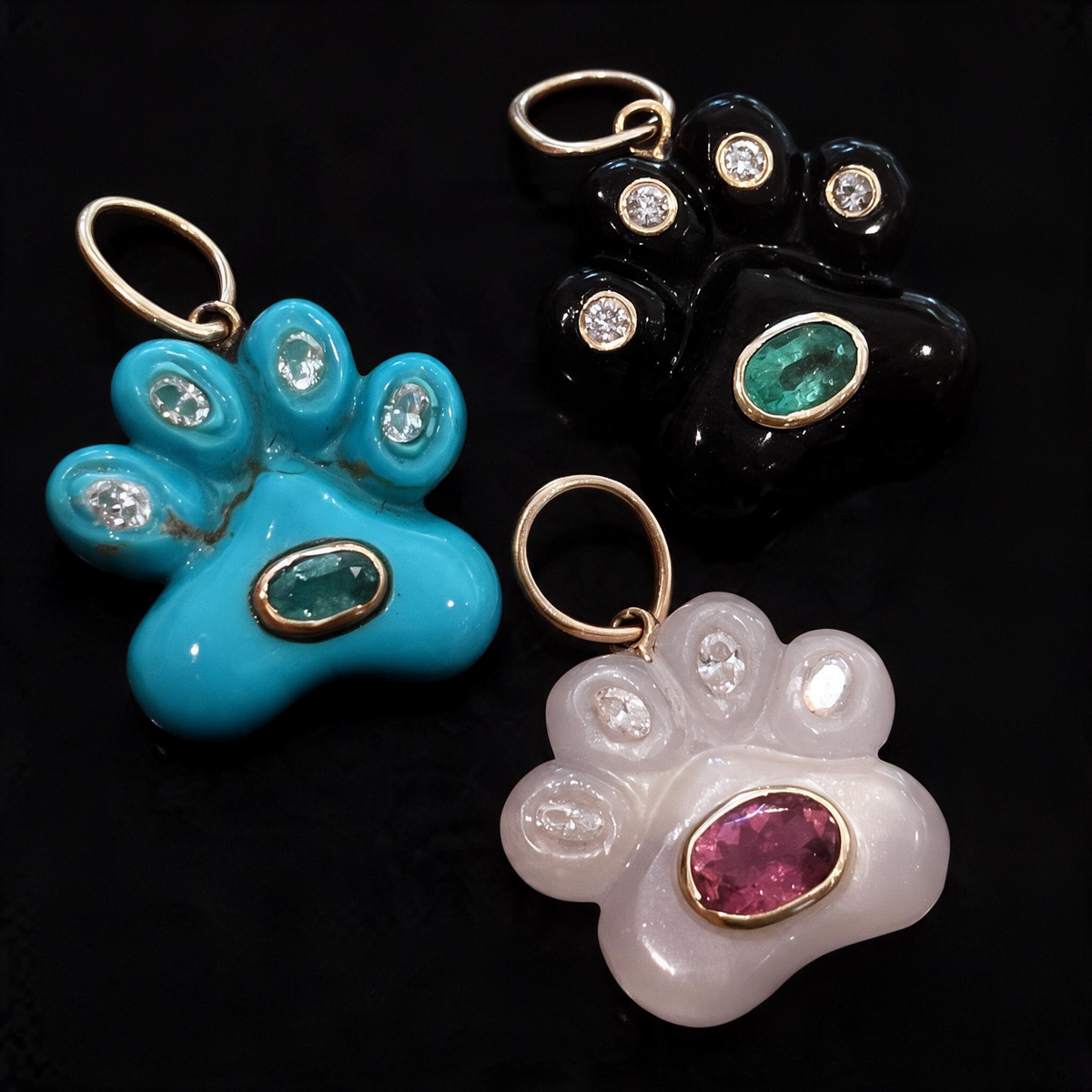 Dog Paw Pendant, Turquoise with Diamonds & Emerald