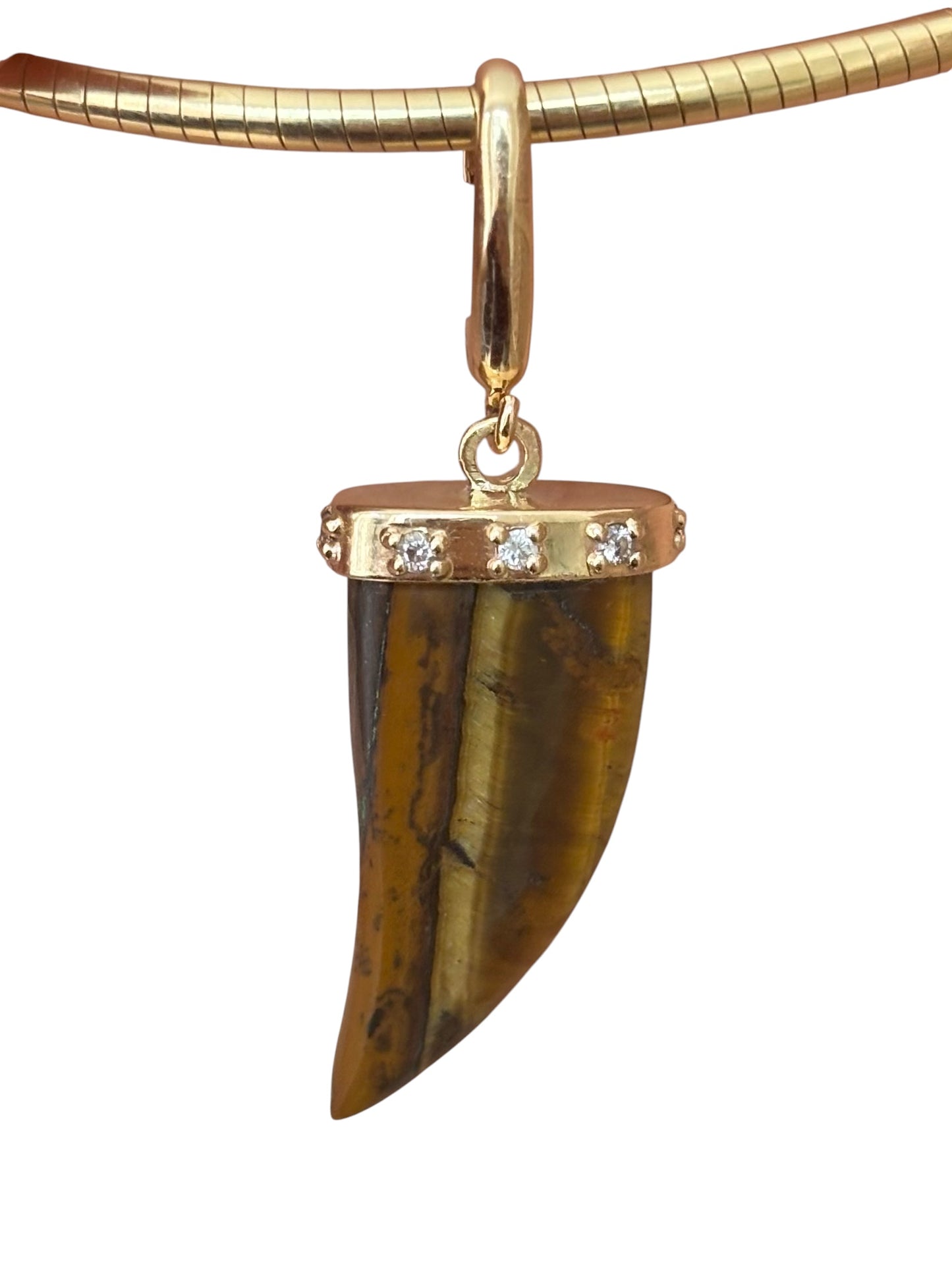 Tiger’s Eye Horn Pendant with Diamonds & 14k Gold
