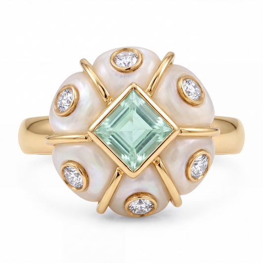 FLORA Ring, Moonstone, Emerald, Diamonds & 14k Gold