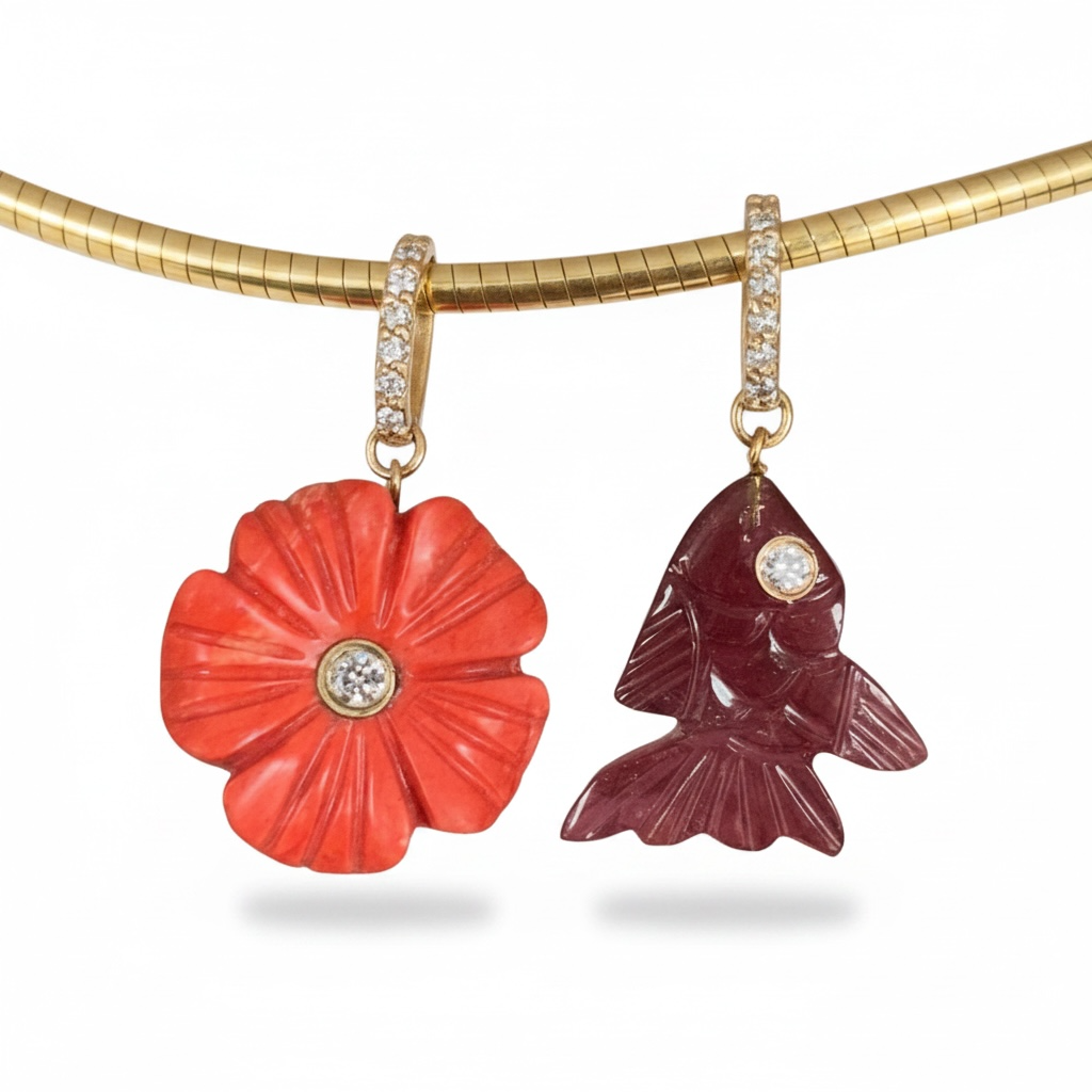 FLORA Pendant, Coral & Diamonds