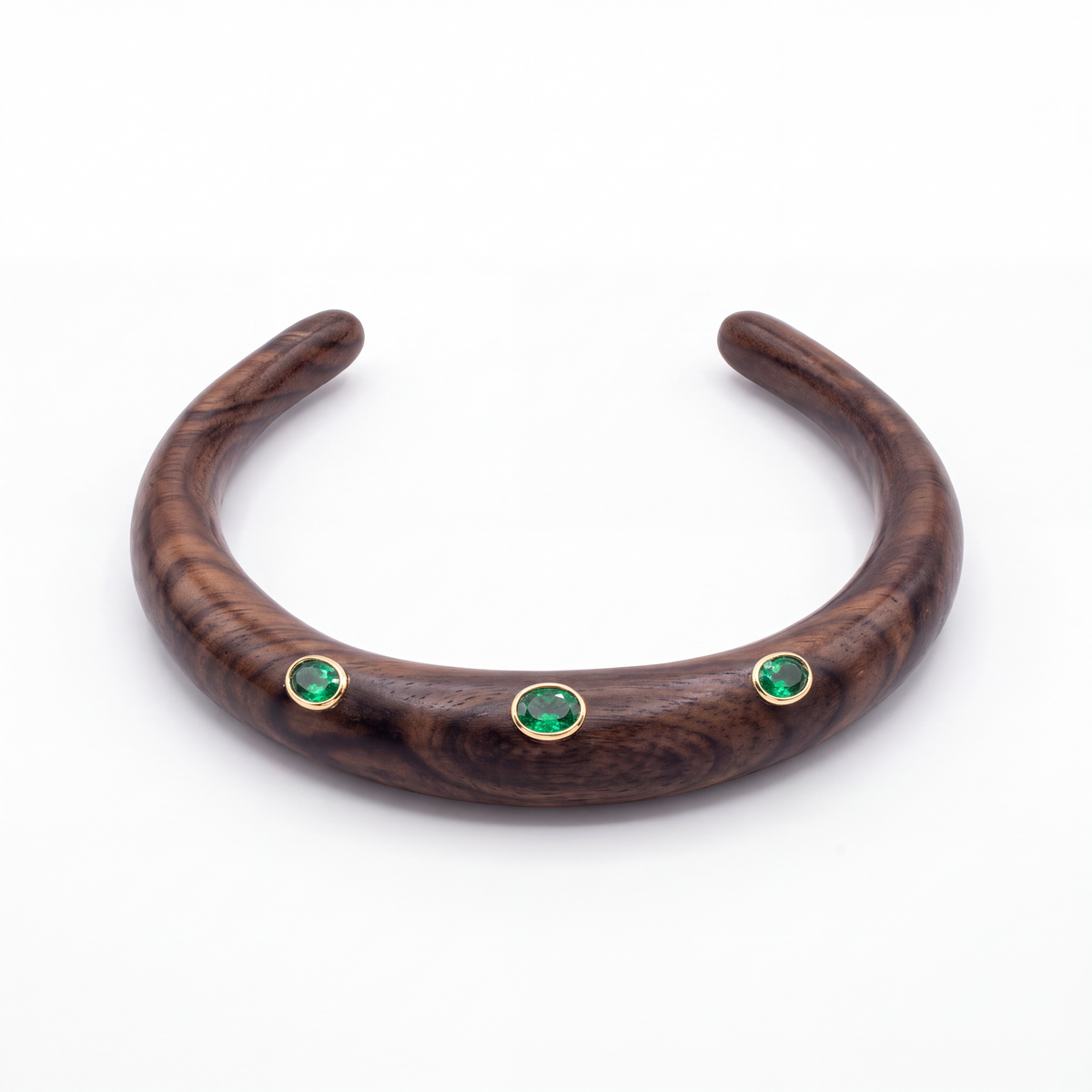 Wood Collar Necklace with Emeralds and 14k Gold